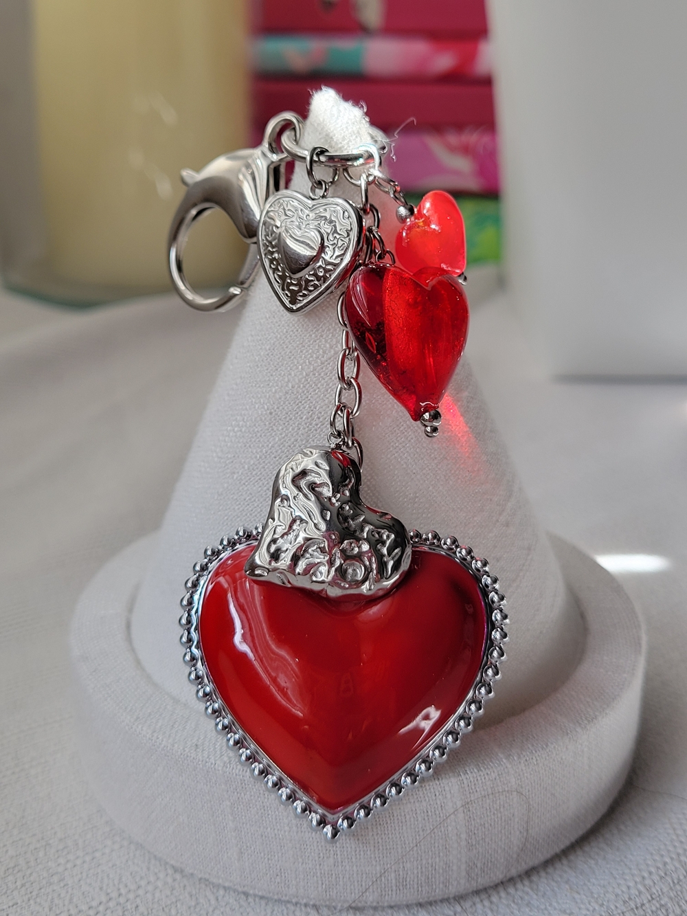 Red Heart with Silver Accents Bag Charm/ Keychain